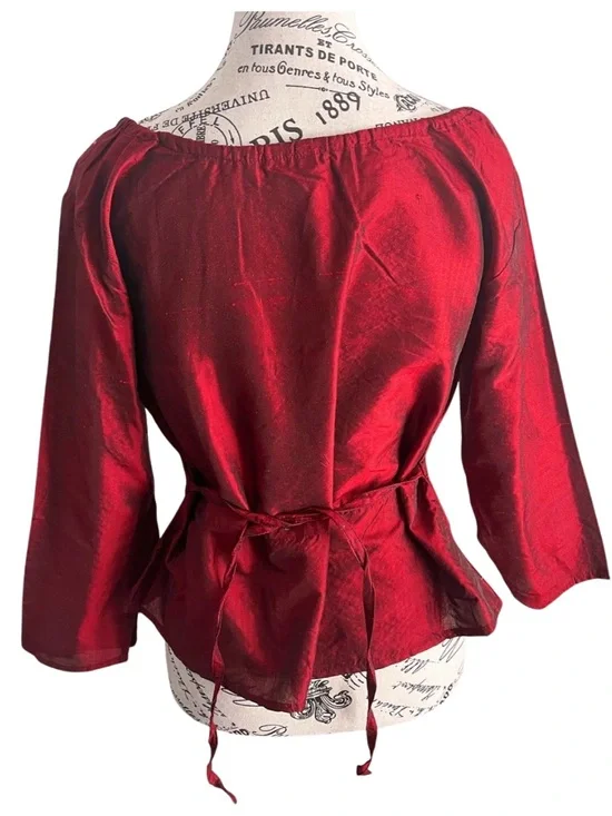 Y2K Red Boho Peasant Top Fairy Grunge Tie Front Off Shoulder Blouse India Size L - Picture 4 of 8